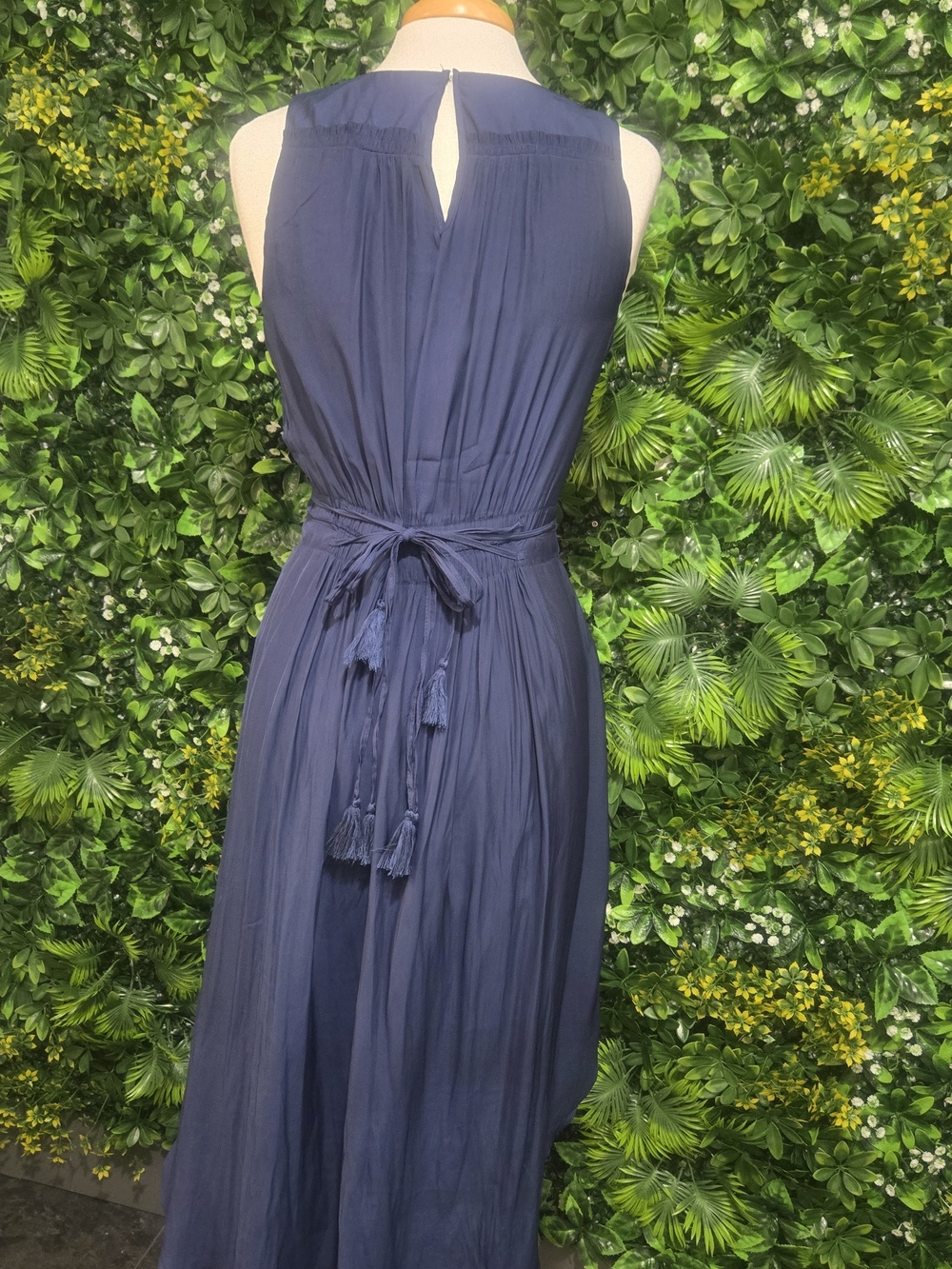 Tahari Navy Sleeveless Midi Dress with Tassel Waist